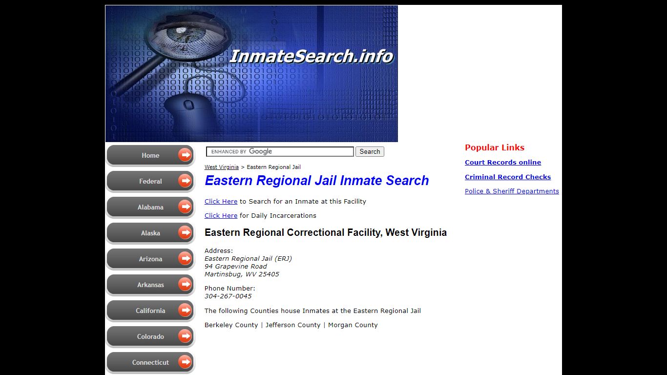 Eastern Regional Jail inmate search in WV