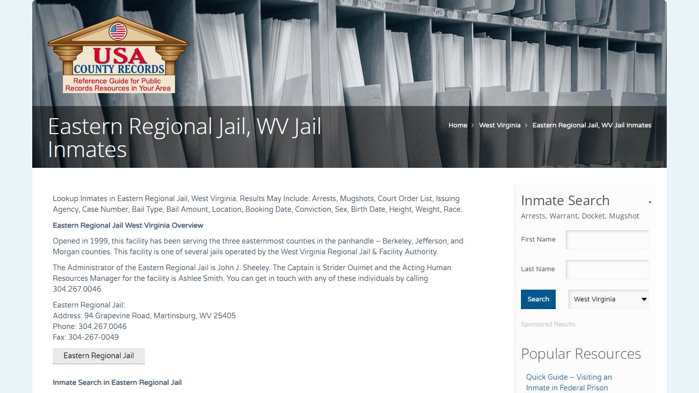 Eastern Regional Jail, WV Jail Inmates | Name Search